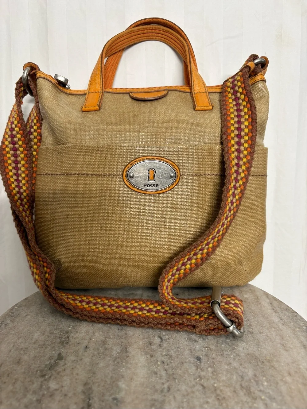 Fossil Tan Canvas Tote with Leather Trim and Multicolor Woven Strap